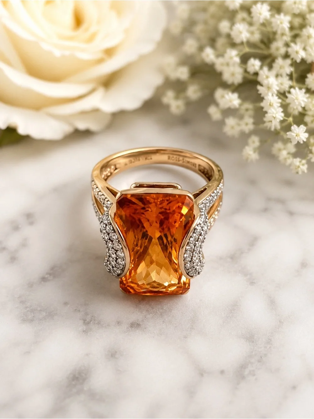 Signed Ross Simons 925 Faceted Orange Gemstone Ring with Pave Accents Size 7